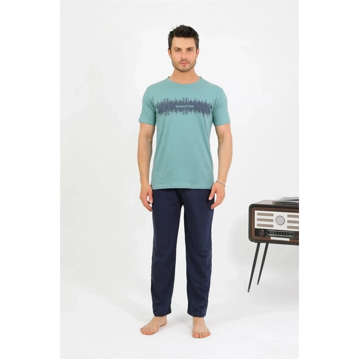 Erkek Pamuk Kısa Kol Pijama Takım SuYeşili