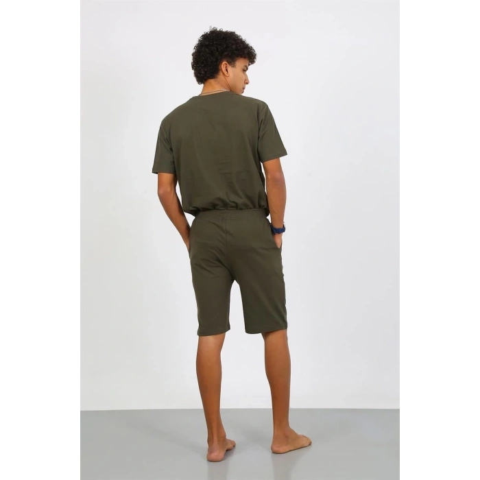 Erkek Pamuk Lakost Alt Üst Kaprili Pijama Takım Haki