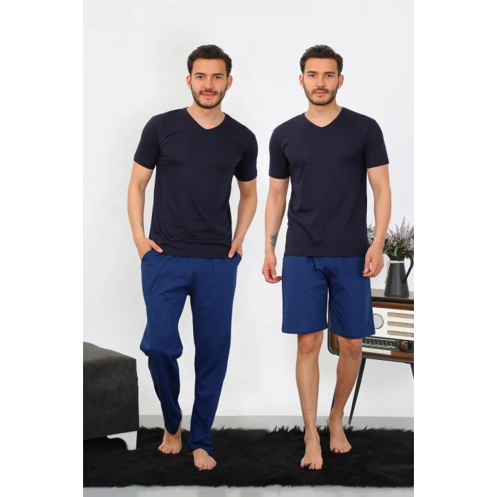 Erkek Penye 3lü Lacivert V Yaka Pijama Takımı