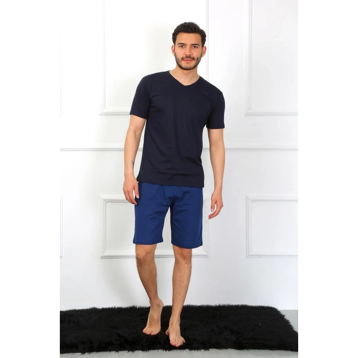Erkek Penye 3lü Lacivert V Yaka Pijama Takımı