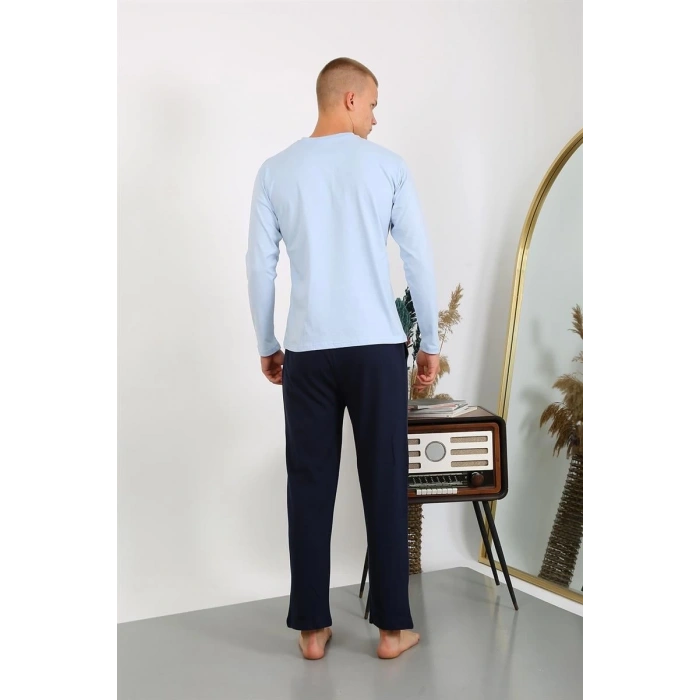 Erkek Penye Uzun Kol Pijama Takımı Buz Mavisi