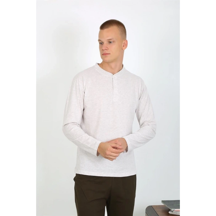 Erkek Penye Uzun Kol Pijama Takımı Ekru