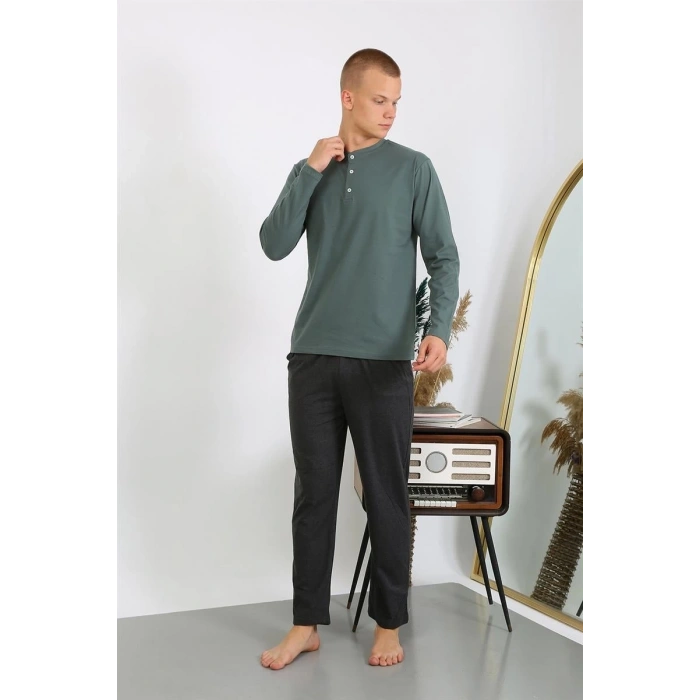 Erkek Penye Uzun Kol Pijama Takımı Haki