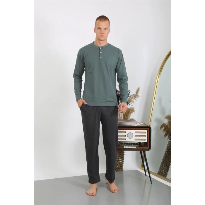 Erkek Penye Uzun Kol Pijama Takımı Haki