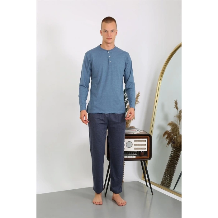 Erkek Penye Uzun Kol Pijama Takımı İndigo