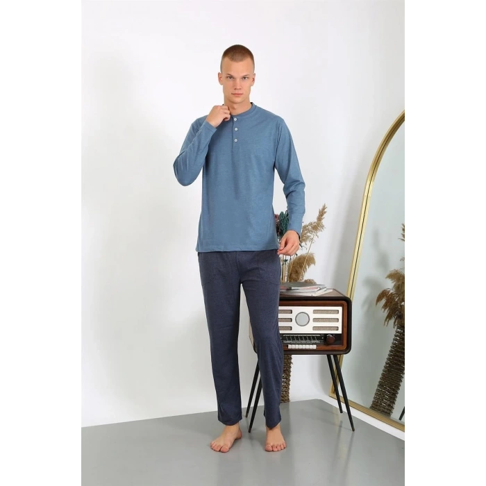Erkek Penye Uzun Kol Pijama Takımı İndigo