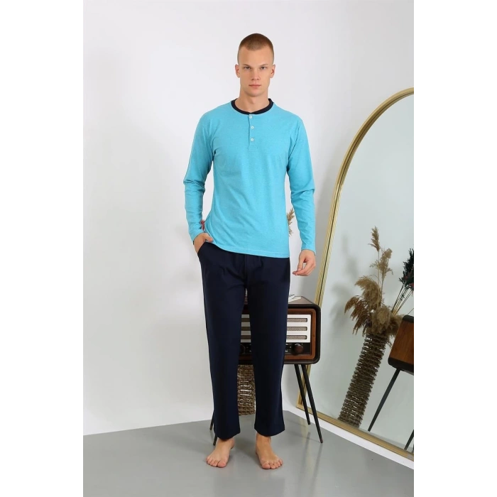 Erkek Penye Uzun Kol Pijama Takımı Turkuaz