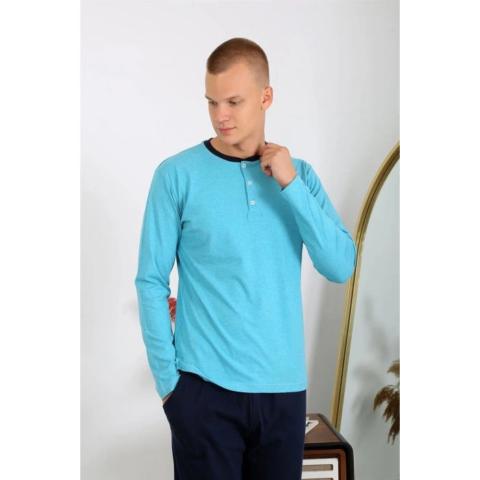 Erkek Penye Uzun Kol Pijama Takımı Turkuaz