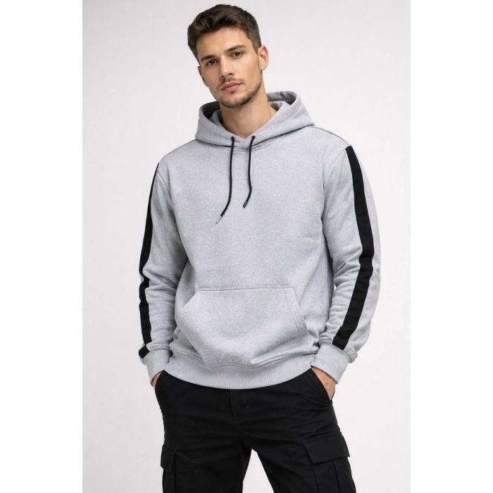 Erkek Şeritli Kapüşonlu Oversize Sweatshirt 3 iplik Pamuklu hoodie - Beyaz