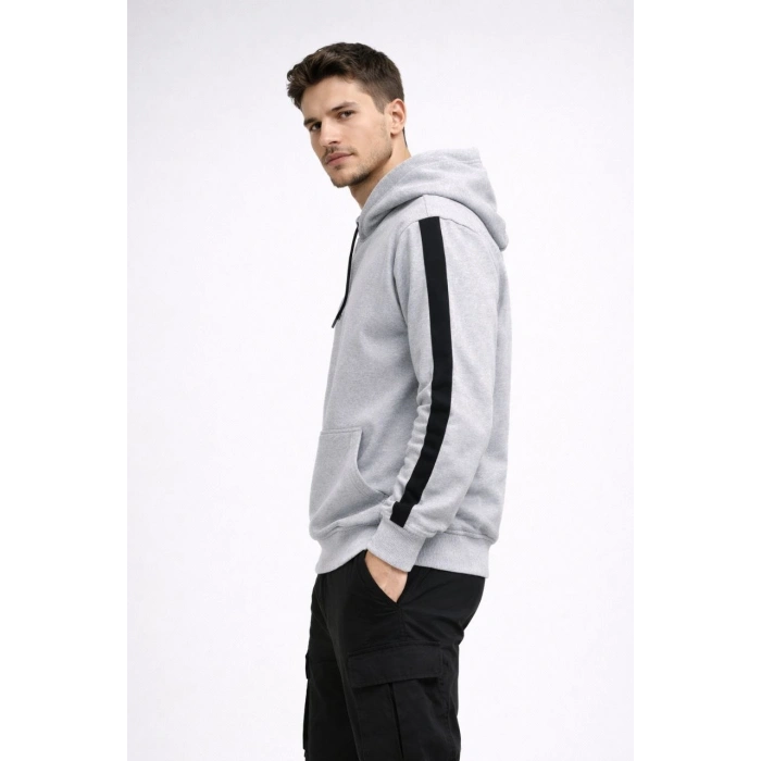 Erkek Şeritli Kapüşonlu Oversize Sweatshirt 3 iplik Pamuklu hoodie - Beyaz
