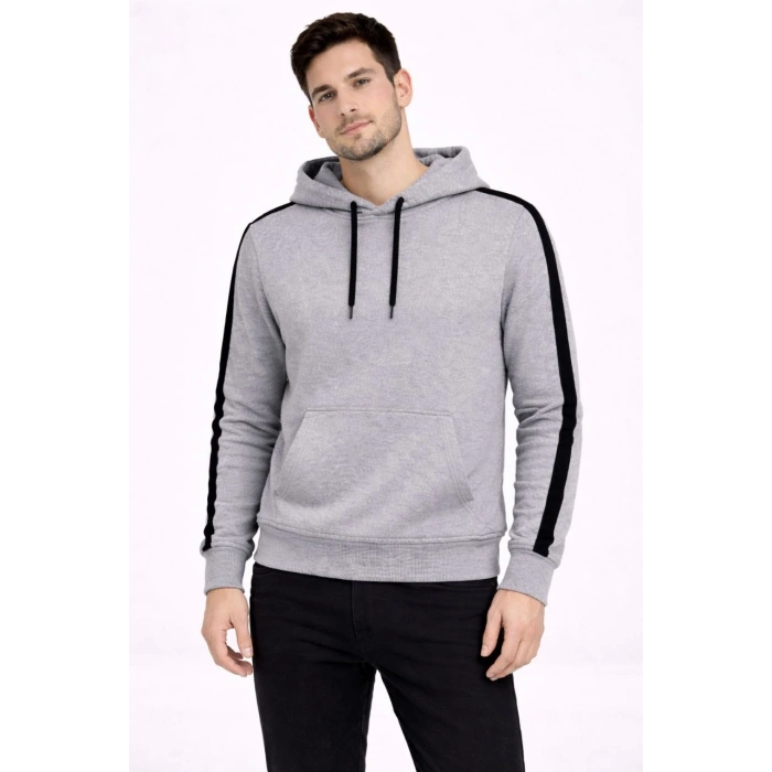 Erkek Şeritli Kapüşonlu Sweatshirt Oversize 3 iplik Pamuklu - Gri