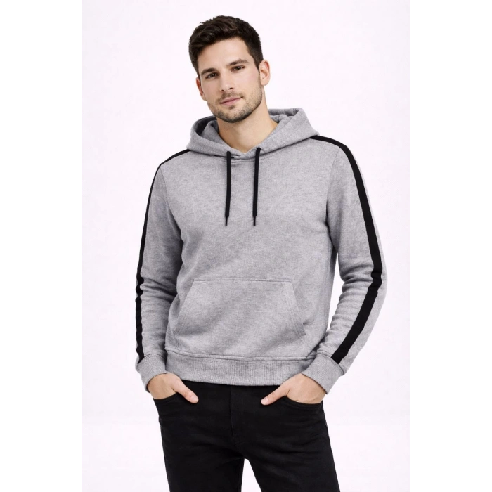 Erkek Şeritli Kapüşonlu Sweatshirt Oversize 3 iplik Pamuklu - Gri