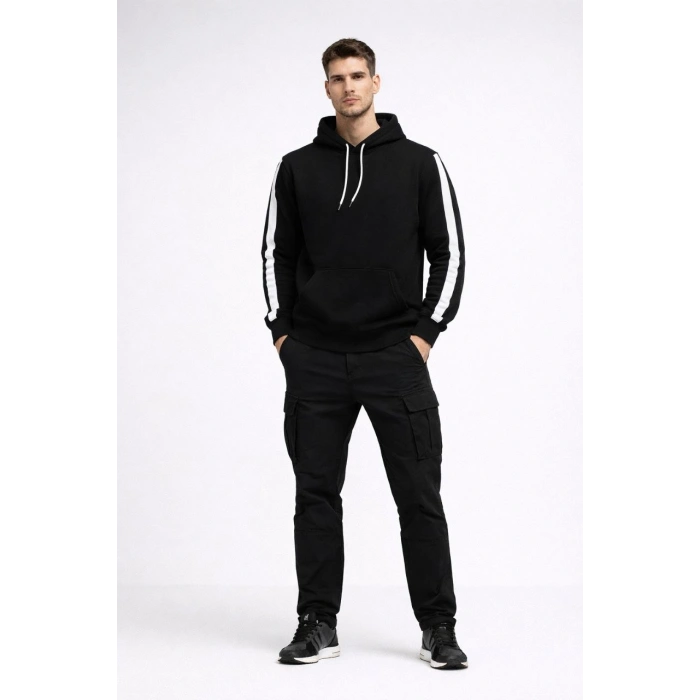 Erkek Şeritli Kapüşonlu Sweatshirt Oversize 3 iplik Pamuklu Hoodie - Siyah