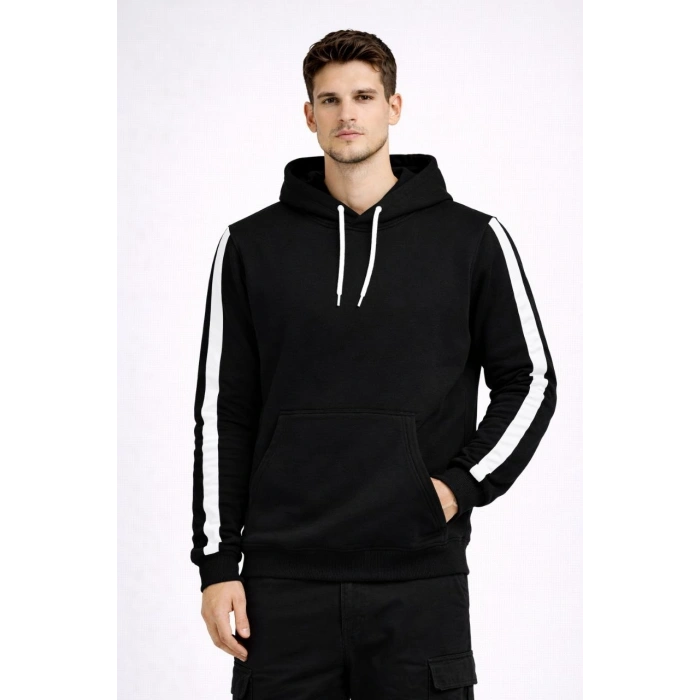 Erkek Şeritli Kapüşonlu Sweatshirt Oversize 3 iplik Pamuklu Hoodie - Siyah