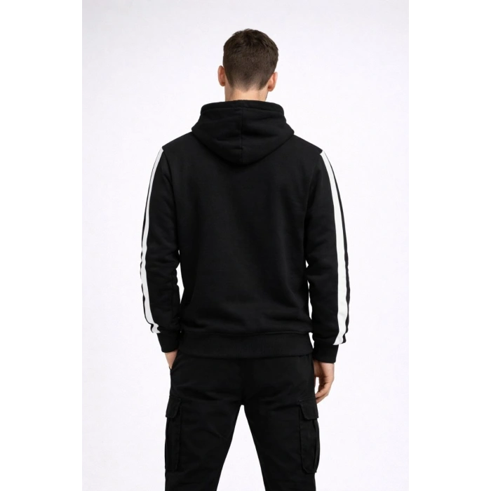 Erkek Şeritli Kapüşonlu Sweatshirt Oversize 3 iplik Pamuklu Hoodie - Siyah