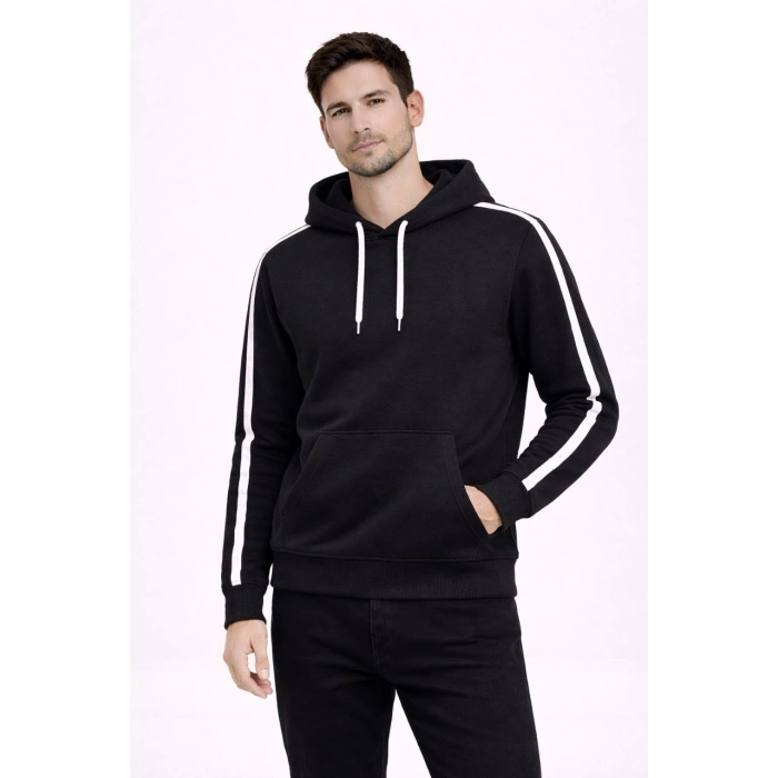 Erkek Şeritli Kapüşonlu Sweatshirt Oversize 3 iplik Pamuklu - Siyah