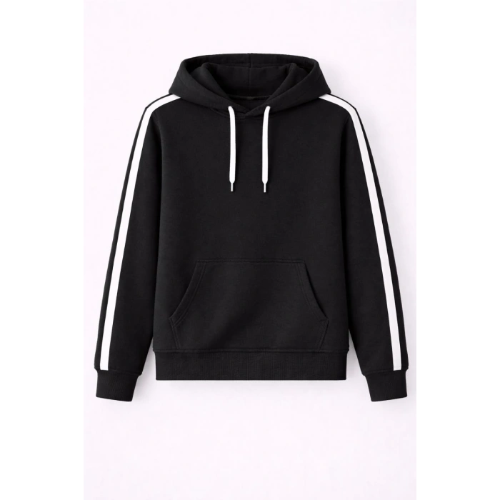 Erkek Şeritli Kapüşonlu Sweatshirt Oversize 3 iplik Pamuklu - Siyah