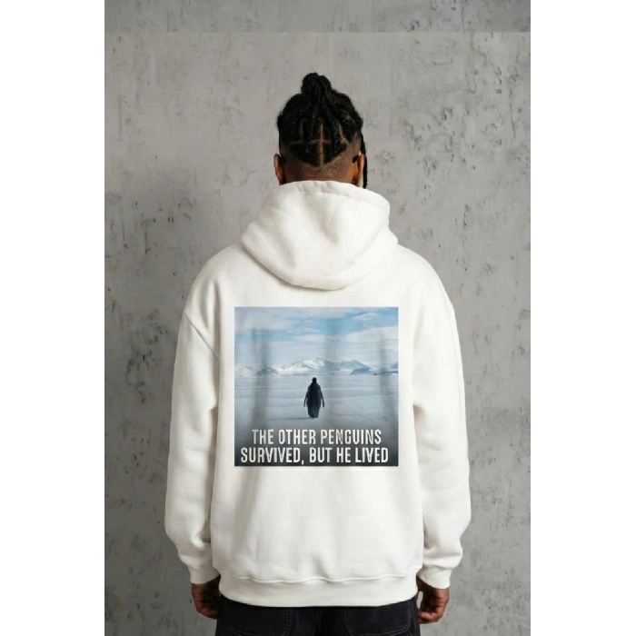 Erkek Survivor Penguin Baskılı 3 İplik Pamuklu Kapüşonlu Sweatshirt Hoodie Beyaz