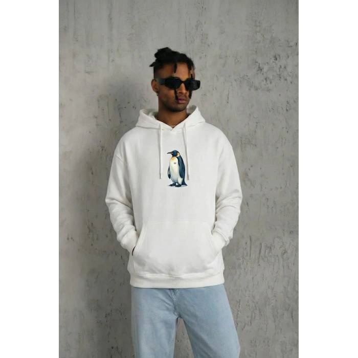 Erkek Survivor Penguin Baskılı 3 İplik Pamuklu Kapüşonlu Sweatshirt Hoodie Beyaz
