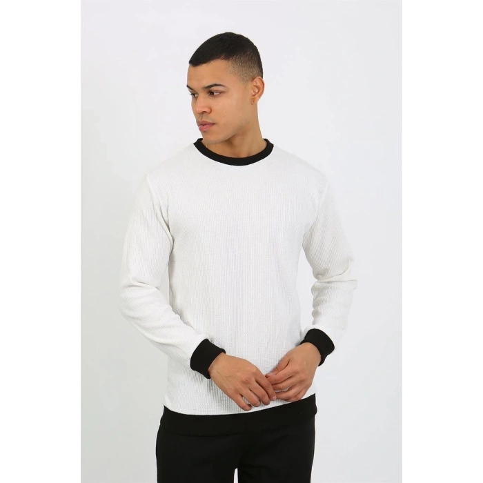 Erkek Uzun Kol Manşetli Paça Penye Pijama Takımı Beyaz