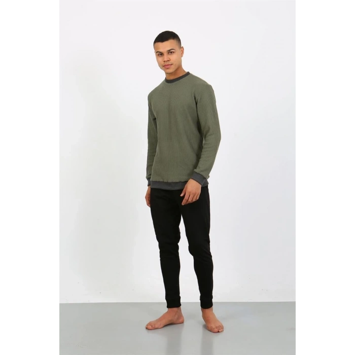 Erkek Uzun Kol Manşetli Paça Penye Pijama Takımı Haki