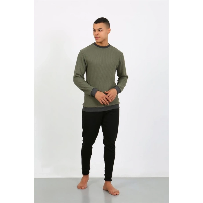 Erkek Uzun Kol Manşetli Paça Penye Pijama Takımı Haki