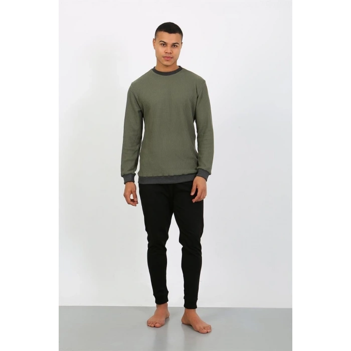 Erkek Uzun Kol Manşetli Paça Penye Pijama Takımı Haki