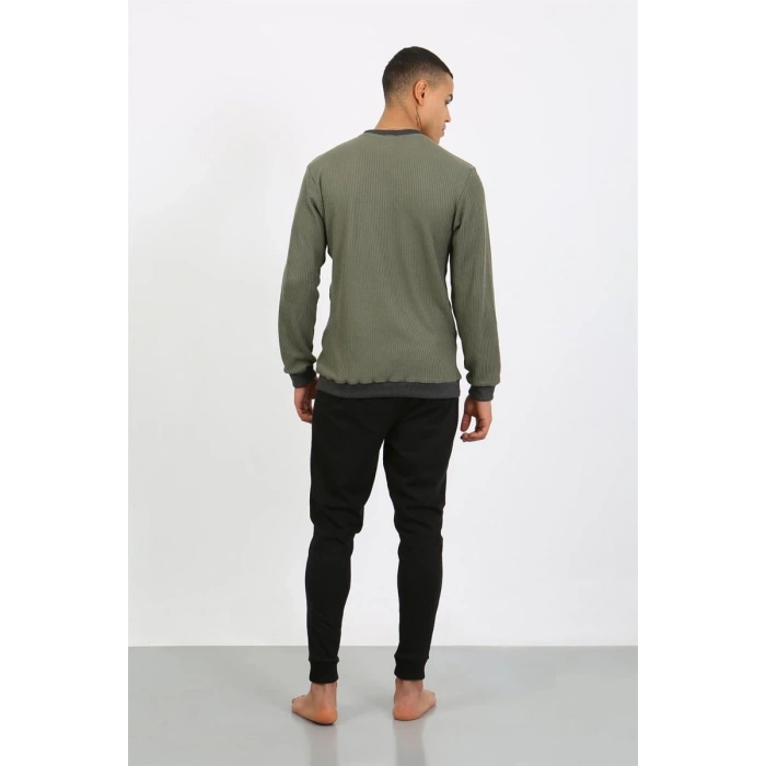 Erkek Uzun Kol Manşetli Paça Penye Pijama Takımı Haki