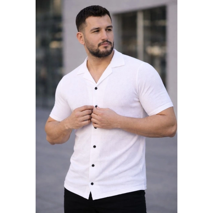 Erkek Waffle Dokuma Kumaş Açık Yakalı Düğmeli Gömlek 2’li Set Beyaz-Gri