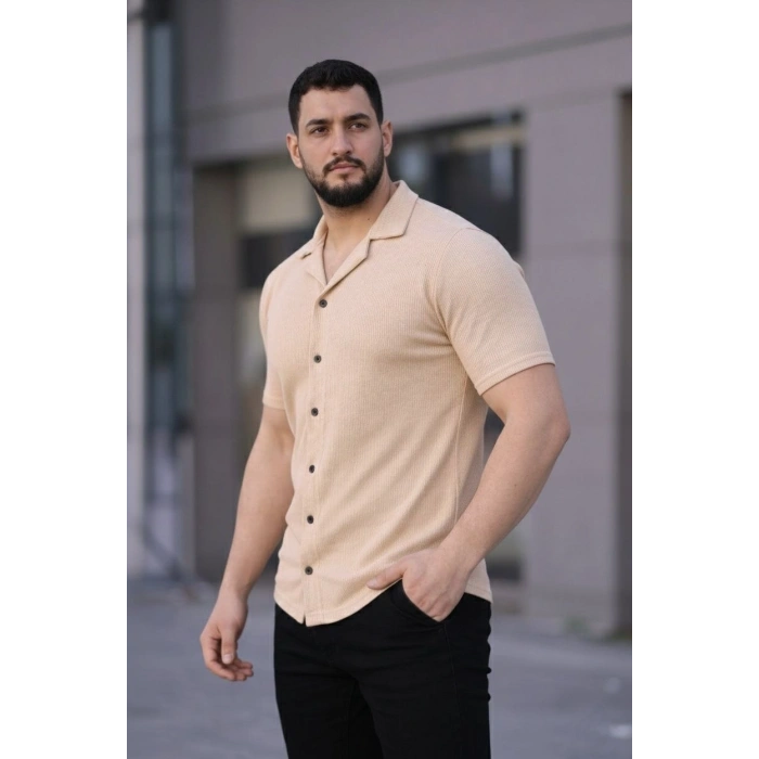 Erkek Waffle Dokuma Kumaş Açık Yakalı Düğmeli Gömlek 2’li Set Haki-Bej