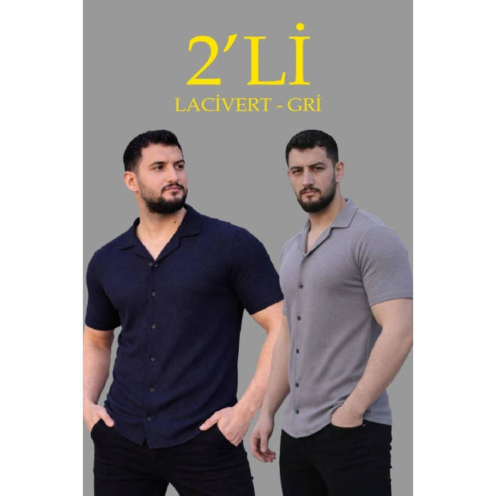 Erkek Waffle Kumaş Açık Yakalı Düğmeli Regular Fit Gömlek 2’li Set Lacivert-Gri
