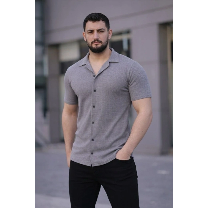 Erkek Waffle Kumaş Açık Yakalı Düğmeli Regular Fit Gömlek 2’li Set Lacivert-Gri