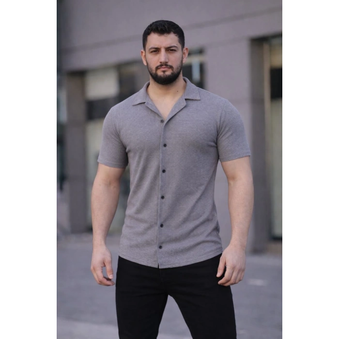 Erkek Waffle Kumaş Açık Yakalı Düğmeli Regular Fit Gömlek 2’li Set Lacivert-Gri