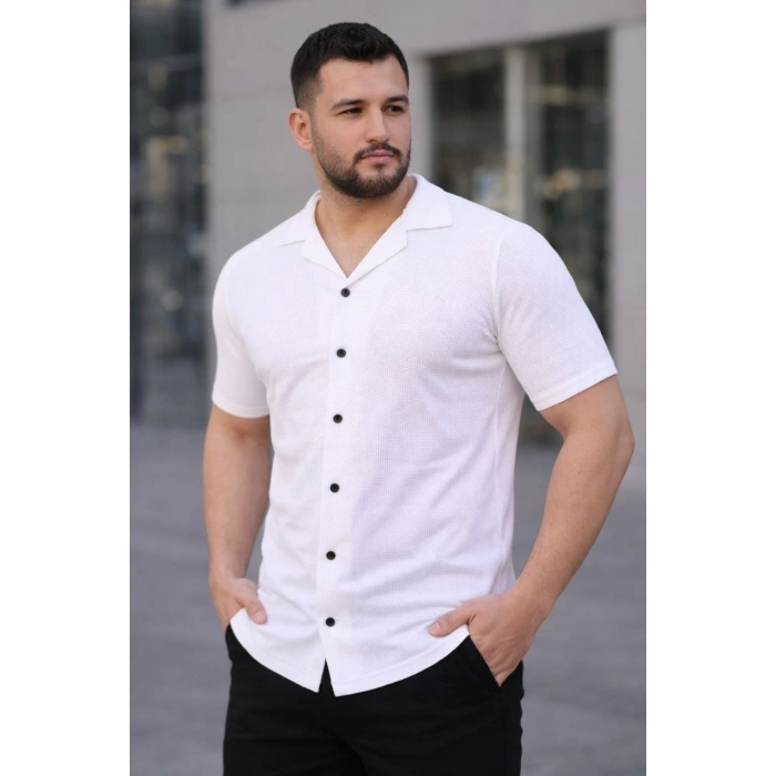 Erkek Waffle Kumaş Açık Yakalı Düğmeli Regular Fit Gömlek 2’li Set Siyah-Beyaz