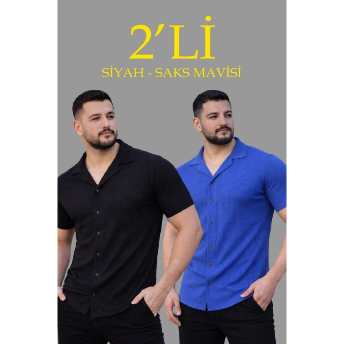 Erkek Waffle Kumaş Açık Yakalı Düğmeli Regular Fit Gömlek 2’li Set Siyah-Saks Mavisi
