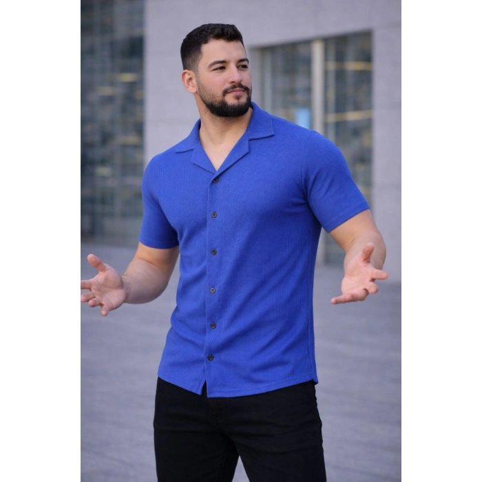 Erkek Waffle Kumaş Açık Yakalı Düğmeli Regular Fit Gömlek 2’li Set Siyah-Saks Mavisi