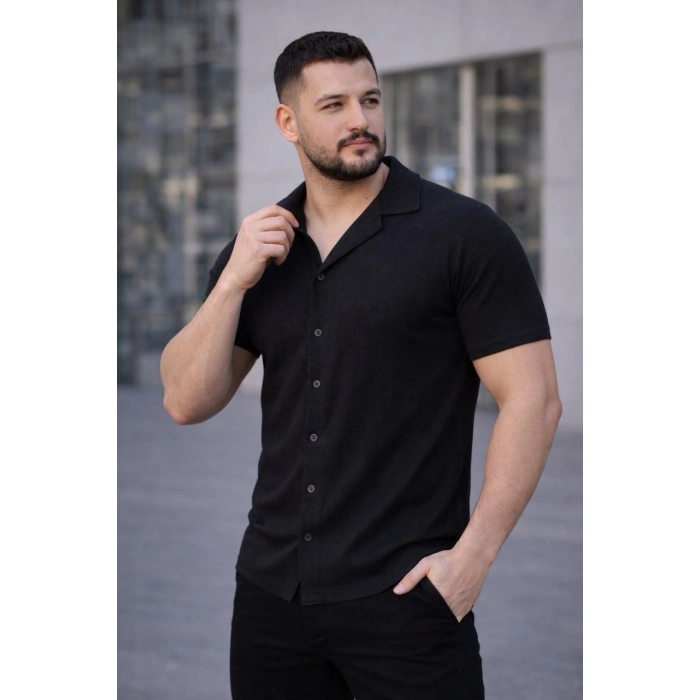 Erkek Waffle Kumaş Açık Yakalı Düğmeli Regular Fit Gömlek 2’li Set Siyah-Saks Mavisi