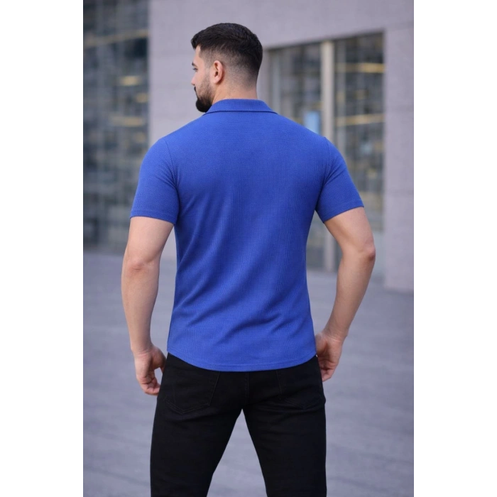 Erkek Waffle Kumaş Açık Yakalı Düğmeli Regular Fit Gömlek 2’li Set Siyah-Saks Mavisi