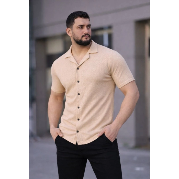 Erkek Waffle Kumaş Kısa Kollu Düğmeli Açık Yaka Regular Fit Gömlek - Bej