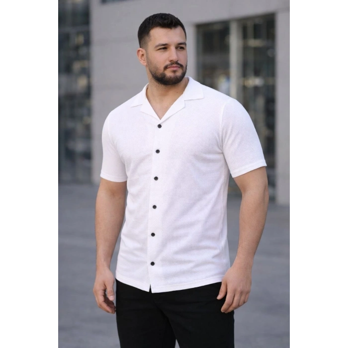 Erkek Waffle Kumaş Kısa Kollu Düğmeli Açık Yaka Regular Fit Gömlek - Beyaz