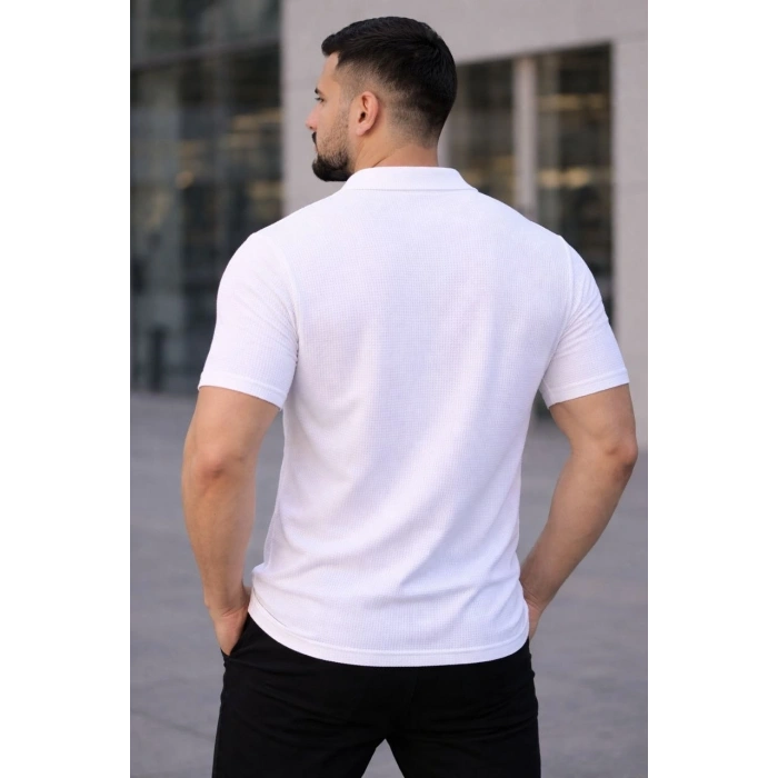 Erkek Waffle Kumaş Kısa Kollu Düğmeli Açık Yaka Regular Fit Gömlek - Beyaz