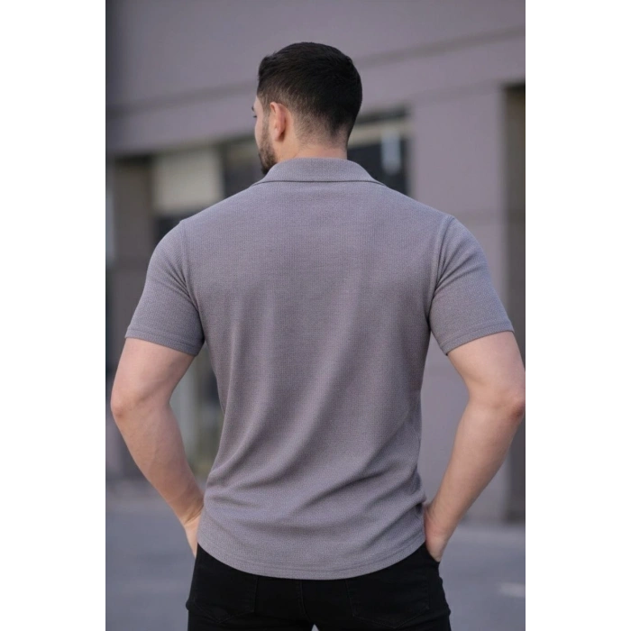 Erkek Waffle Kumaş Kısa Kollu Düğmeli Açık Yaka Regular Fit Gömlek - Gri