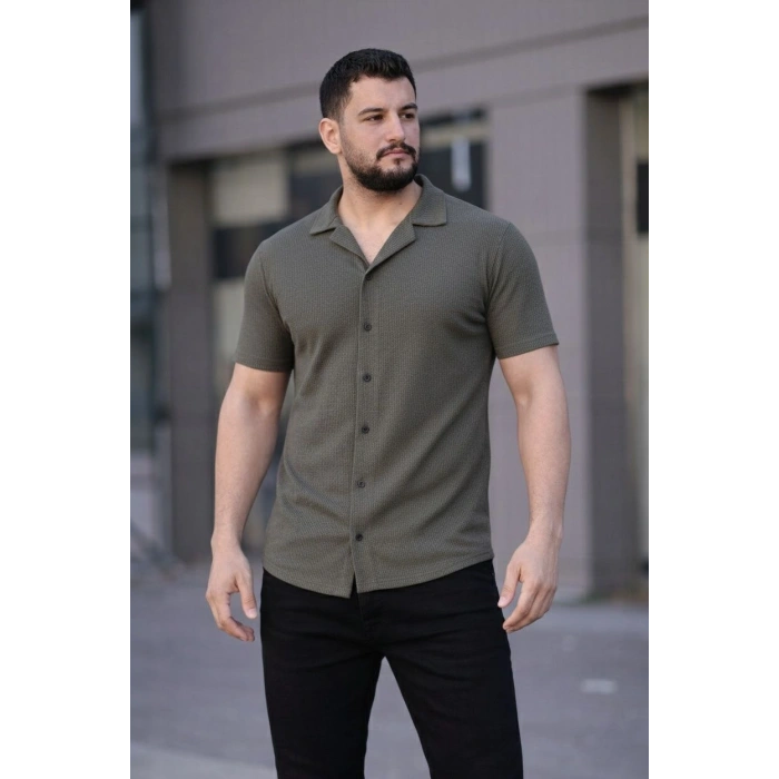Erkek Waffle Kumaş Kısa Kollu Düğmeli Açık Yaka Regular Fit Gömlek - Haki