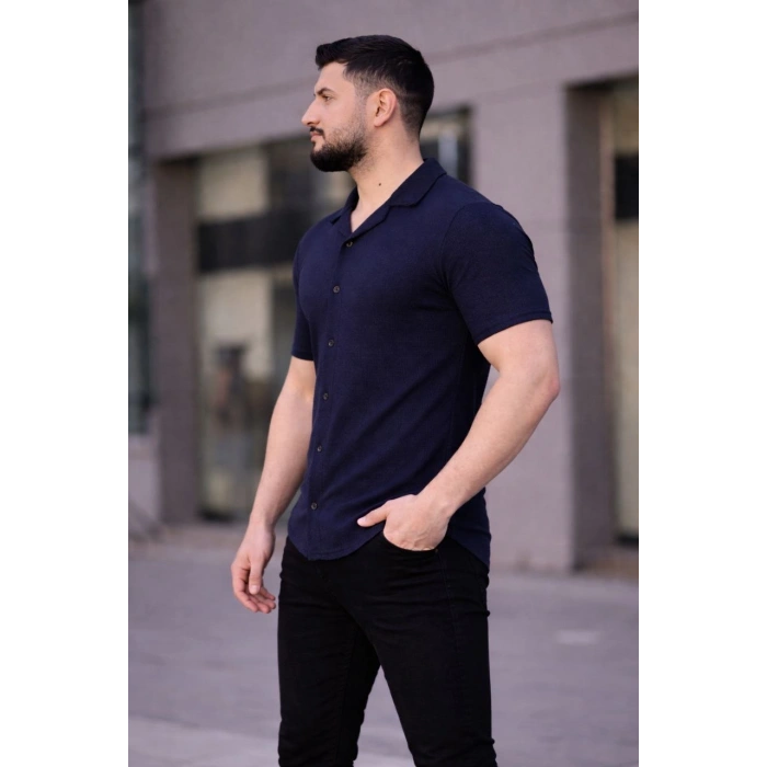 Erkek Waffle Kumaş Kısa Kollu Düğmeli Açık Yaka Regular Fit Gömlek - Lacivert