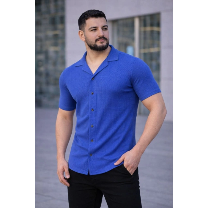Erkek Waffle Kumaş Kısa Kollu Düğmeli Açık Yaka Regular Fit Gömlek - Saks Mavisi