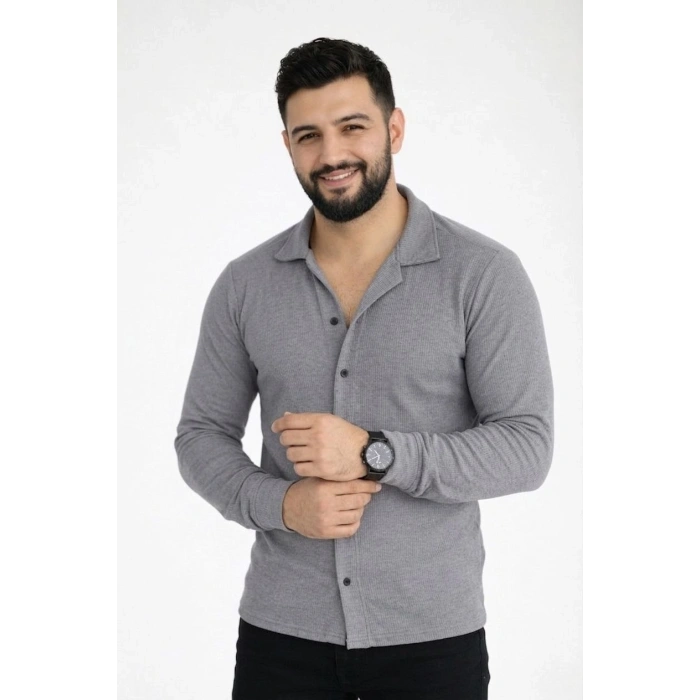 Erkek Waffle Kumaş Uzun Kollu Düğmeli Açık Yaka Regular Fit Gömlek - Füme