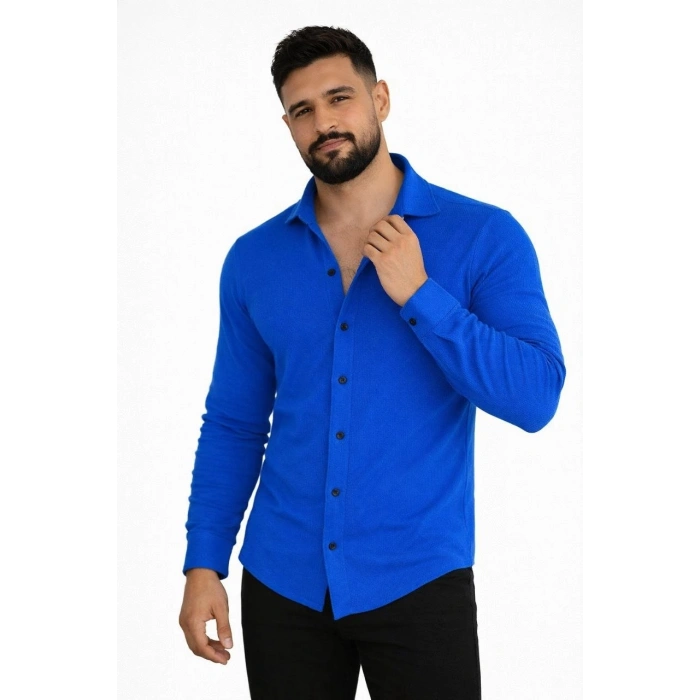Erkek Waffle Kumaş Uzun Kollu Düğmeli Açık Yaka Regular Fit Gömlek - Saks Mavisi
