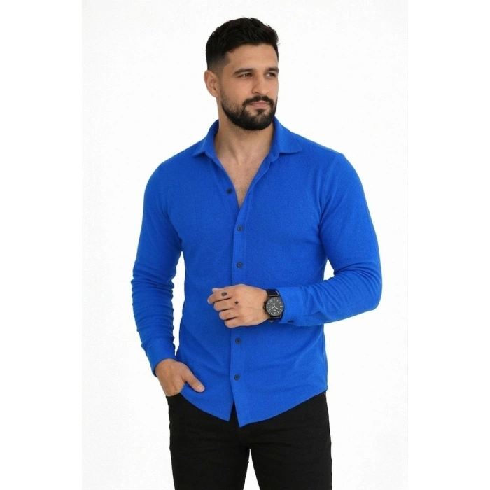 Erkek Waffle Kumaş Uzun Kollu Düğmeli Açık Yaka Regular Fit Gömlek - Saks Mavisi