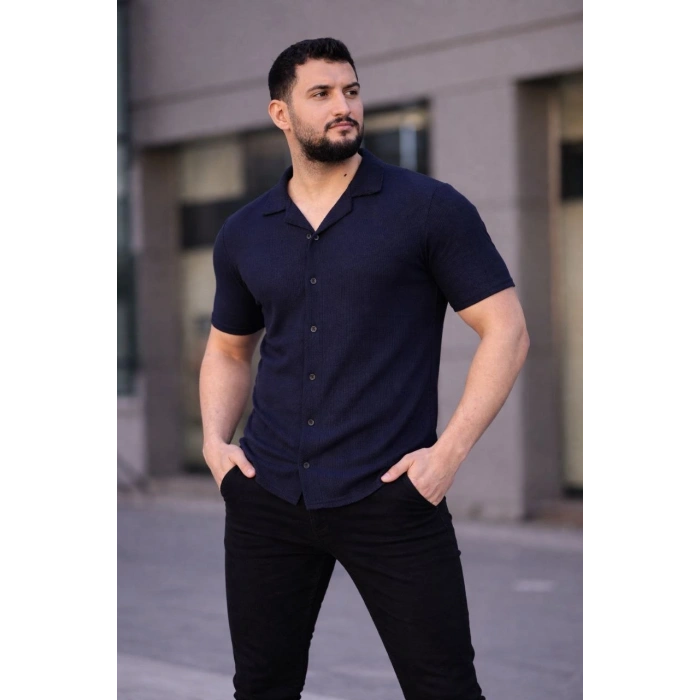 Erkek Waffle Kumaş Yakalı Kısa Kol Düğmeli Gömlek 3’lü Set Bej-Beyaz-Lacivert