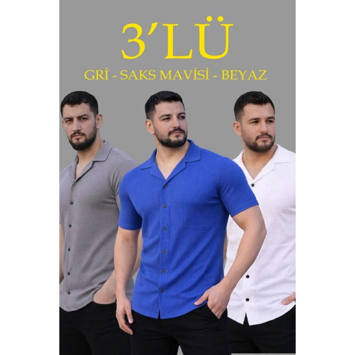 Erkek Waffle Kumaş Yakalı Kısa Kol Düğmeli Gömlek 3’lü Set Gri-Saks Mavisi-Beyaz